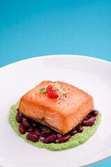 grilled salmon fillet, spinach sauce and beans on a white plate on a blue background. close-up. photo for clipping. for the menu