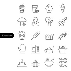 20 food and drink icons with thin line styles
