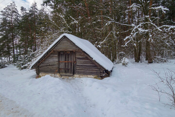 An old picturesque outbuilding near the forest in the village in winter.