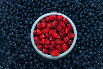 Bilberry and red strawberry background, organic food concept