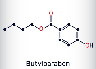 Butylparaben, butyl p-hydroxybenzoate, butyl paraben molecule. It is paraben, antimicrobial preservative in cosmetics. Skeletal chemical formula. Vector illustration