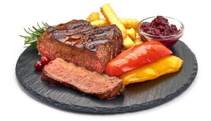 Grilled beef steak, medium rare steak, isolated on white background