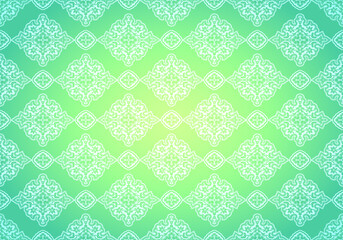 Oriental vintage background with Indo-Persian ornaments. Royal, luxurious, horizontal textured wallpaper of light green color, with darkening at the edges, vignette. Vector illustration