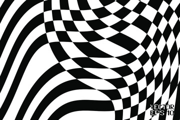 Obraz premium Abstract Black and White Geometric Pattern with Squares and Stripes. Empty Chess Board. Spotted Waves. Vector Illustration