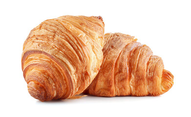 Fresh tasty croissants on white background with clipping path, French pastry.