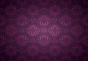 Oriental vintage background with Indo-Persian ornaments. Royal, luxurious, horizontal textured wallpaper in purple, plum color, with darkening at the edges, vignette. Vector illustration