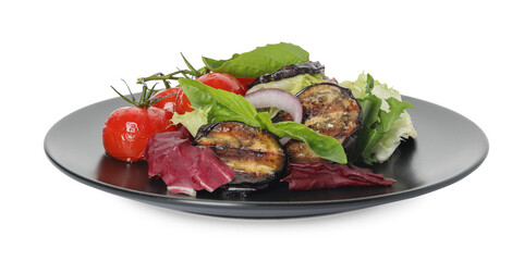 Delicious salad with roasted eggplant and basil isolated on white