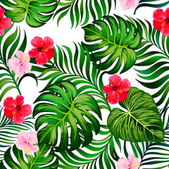 Tropical vector pattern with hibiscus, orchid, palm leaves.Exotic style. Seamless botanical print for textile, print, fabric on dark background.