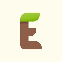 E letter eco logo with leaf. Vector font for bio posters, spa emblem, vegan, herbal and botanical cards etc.