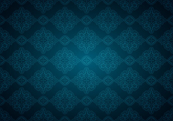 Oriental vintage background with Indo-Persian ornaments. Royal, luxurious, horizontal textured wallpaper in blue, with darkening at the edges, vignette. Vector illustration