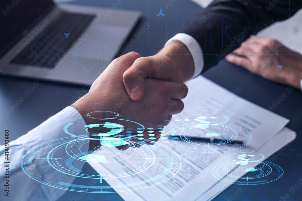Poster handshake of two businessmen who enters into the contract to develop a new software to improve busin