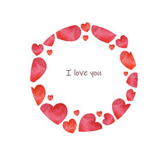 Round watercolor frame of decorative hearts in red colours for Valentines Day. Watercolor hand painted elements isolated on white background. 