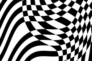 Abstract Black and White Geometric Pattern with Squares and Stripes. Empty Chess Board. Spotted Waves. Raster Illustration
