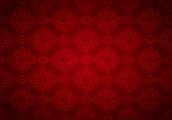Oriental vintage background with Indo-Persian ornaments. Royal, luxurious, horizontal textured wallpaper in red, with darkening at the edges, vignette. Vector illustration