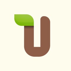 U letter eco logo with leaf. Vector font for bio posters, spa emblem, vegan, herbal and botanical cards etc.