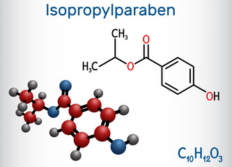 Isopropylparaben, isopropyl paraben molecule. It is paraben, antimicrobial, antifungal preservative. Structural chemical formula, molecule model
