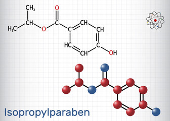 Isopropylparaben, isopropyl paraben molecule. It is paraben, antimicrobial, antifungal preservative. Structural chemical formula, molecule model. Sheet of paper in a cage