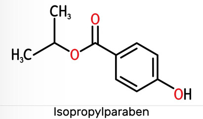 Isopropylparaben, isopropyl paraben molecule. It is paraben, antimicrobial, antifungal preservative. Skeletal chemical formula