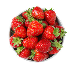 Fresh strawberries in bowl isolated on white, top view
