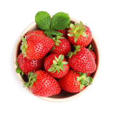Fresh strawberries and green leaf in bowl isolated on white, top view