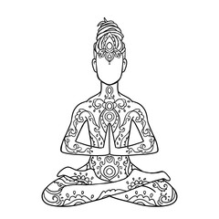 Yoga man with dreadlock. Ornament beautiful line art. Concept of meditation. Geometric element hand drawn.