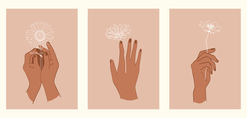 A set of three minimalist pastel posters. Backgrounds for your social media, web design, interiors. Vintage cute illustrations with different hands, flowers, plants, leaves from thin white lines.