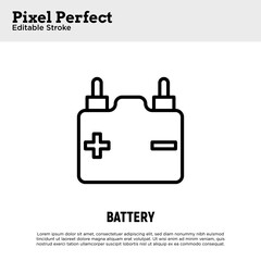 Fototapeta premium Car battery or accumulator thin line icon. Pixel perfect, editable stroke. Vector illustration.