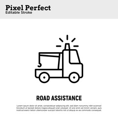 Road assistance thin line icon. Evacuator for damaged car. Pixel perfect, editable stroke. Vector illustration.