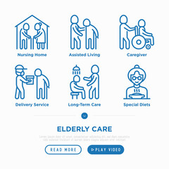 Nursing home for elderly people thin line icons set. Assisted living for disabled, volunteers help and support. Long-term service. Pixel perfect, editable stroke. Vector illustration.