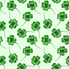 Seamless pattern with four leaf clover. Watercolor green leaf of clover. Saint Patrick Day pattern