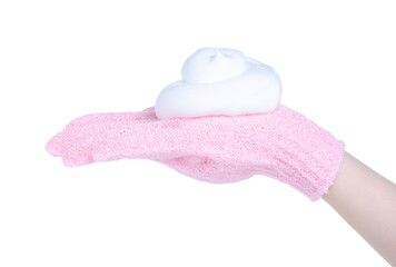 hand in bath glove with soapy foam mousse on white background isolation