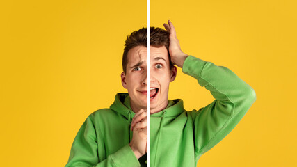 Scared and interested. Fun and creative combination of portraits of young guy with different emotions, various facial expression on splited studio background. Bipolar personality. Copyspace for ad.
