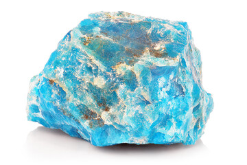 Macro shoot of piece of raw uncut Blue Apatite Mineral stone isolated on white background. Closeup...