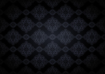 Oriental vintage background with Indo-Persian ornaments. Royal, luxurious, horizontal textured wallpaper in black with darkening at the edges, vignette. Vector illustration