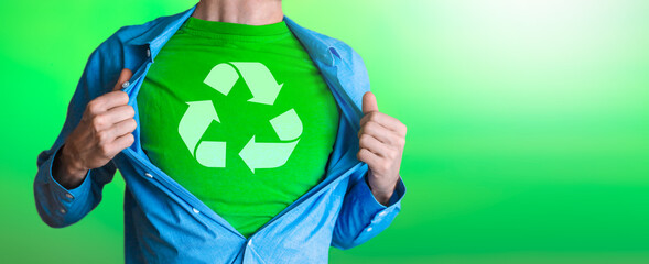 Man chest green superhero of recycling Recycling Symbol Isolated on green background. Protect and save Earth Planet.