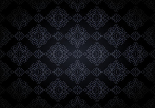 Oriental vintage background with Indo-Persian ornaments. Royal, luxurious, horizontal textured wallpaper in black with darkening at the edges, vignette. Vector illustration
