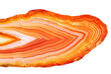 Amazing red orange Agate Crystal cross section with backlight isolated on white background. Natural translucent agate crystal surface,  Abstract structure slice mineral stone macro closeup - obrazy, fototapety, plakaty