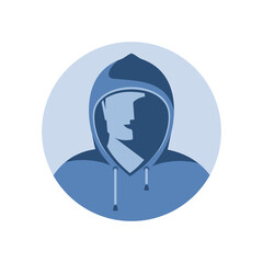Hidden person, incognito, invisible, anonymous in the form of a man with a hood pulled over his face. Isolated vector illustration in a circle, icon, emblem, avatar