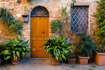 Fototapeta na wymiar landscape with door and plants in pot
