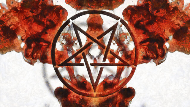 An inverted pentagram against a background of red smoke. Artistic work on the topic of esotericism