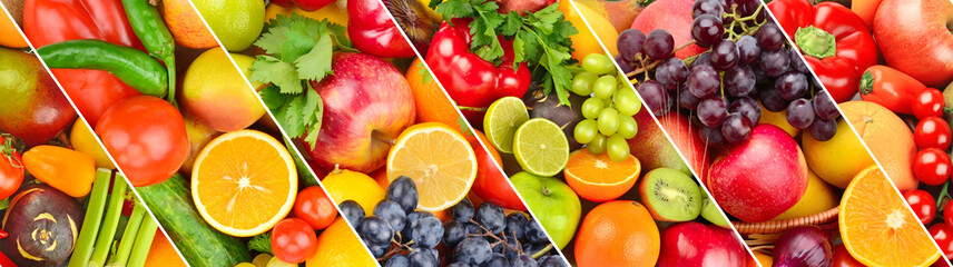fruits and vegetables background. Collage. Wide photo.