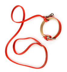 A red dog leash and collar isolated on a white background.