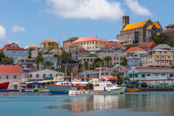Caribbean, Grenada, St. George's. Boats in The Carenage harbor. - obrazy, fototapety, plakaty