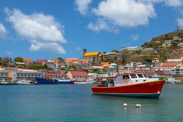 Caribbean, Grenada, St. George's. Boats in The Carenage harbor.