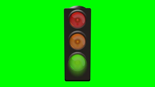 European red orange and green tricolor traffic light on green background