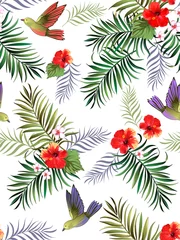  Tropical vector pattern with hibiscus, orchid, palm leaves.Exotic style. Seamless botanical print for textile, print, fabric on dark background. © Logunova  Elena