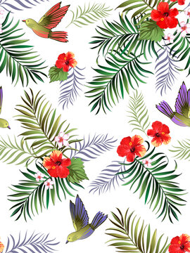 Tropical vector pattern with hibiscus, orchid, palm leaves.Exotic style. Seamless botanical print for textile, print, fabric on dark background.