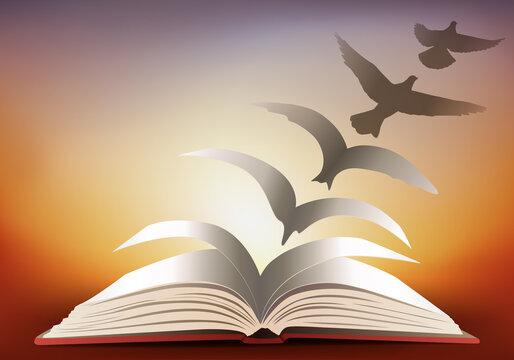 Concept de la liberté à travers la lecture, avec un livre ouvert dont les pages se transforment progressivement, en une colombe qui s’envole.