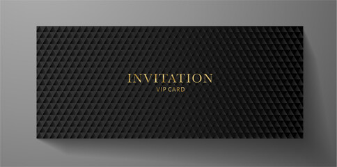 Premium VIP Invitation template with abstract black triangle pattern (carbon texture) on background. Luxury design for invite, Gift certificate, Voucher, Gift card or coupon