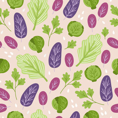 Vegetables seamless pattern with parsley, salad, sesame, brussel sprout